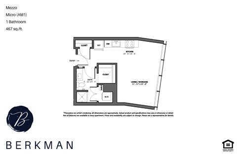 Floor plan for studio, 1 bath, 467 sqft